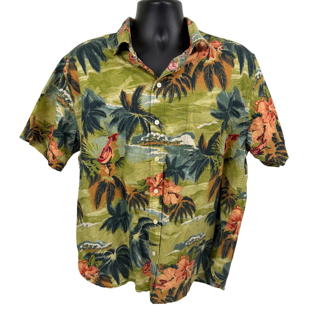 Caribbean Blues Mens XL Tropical Hawaiian‎ Shirt Palm Tree Hibiscus Print Linen